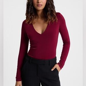 Express V-Neck Contour Long Sleeve Bodysuit - Red Wine Burgundy